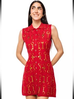 Queen of Sparkles Red & Gold Horse Bit Knit Sleeveless Collar Dress